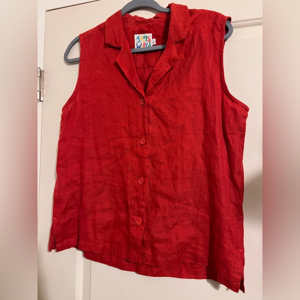 Jams World Red Linen Sleeveless Blouse Top Button Resort Retro Women's Large